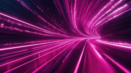 Fast moving pink light trails form an abstract tunnel suggesting high speed data flow, fiber optic communication and futuristic digital networks in vibrant magenta glow