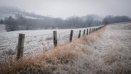 Obraz premium Running weathered wooden fence posts dividing frosted grasses in rural pasture, with wire fencing