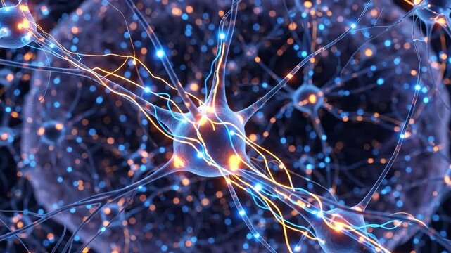 Vibrant neural network with glowing impulses representing brain activity. Complex data flow through interconnected synapses for advanced technology concepts