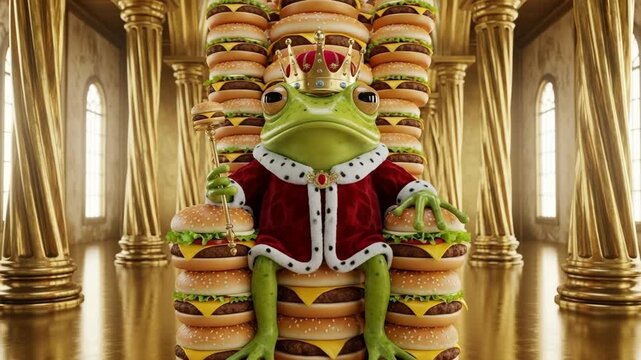 A majestic frog king sits on a towering throne of delicious hamburgers. He holds a scepter topped with a burger in a lavish golden palace. This opulent scene symbolizes indulgence