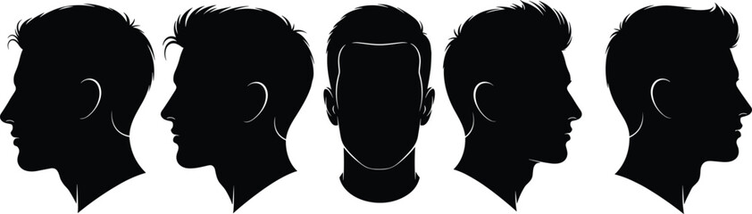 Male head silhouette profile and front view illustration showing hairstyle variations and symmetry for design and anatomy reference, flat vector