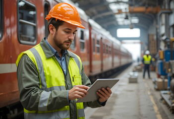 Worker with Tablet in Industrial Train Depot during Daytime
