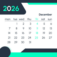 December 2026 calendar with highlighted dates