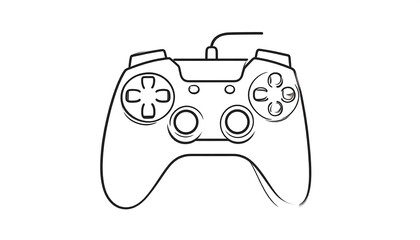 A black and white, line art depiction of a handheld game controller with buttons, joysticks, and a cord