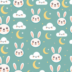 Cute Bunny Moon and Cloud Seamless Pattern for Baby Clothing, Kids Fabric and Nursery Decor