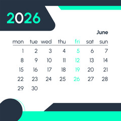 June 2026 calendar with highlighted weekend dates