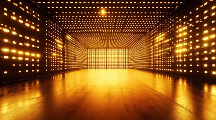 Empty futuristic corridor displaying an abstract grid pattern of bright orange lights on walls and ceiling, creating a vibrant, immersive cyber experience for technology and data concepts