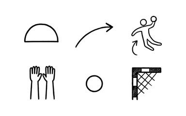 Fototapeta premium Handball game icons showing player, ball, goal, and hands in a simple sketch style
