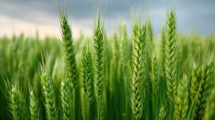 Fototapeta premium Fresh Spring Wheat Field With Green Stems Under a Warm Sky During Late Afternoon Hours of the Growing Season in Rural Landscape