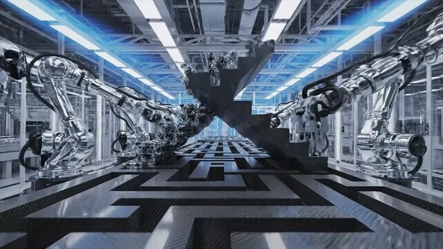 Automated Factory Assembly Line - Robotic Arms and Industrial Production.