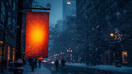 Glowing red banner on lamppost lighting snowy street at dusk, pedestrians in coats, copy space