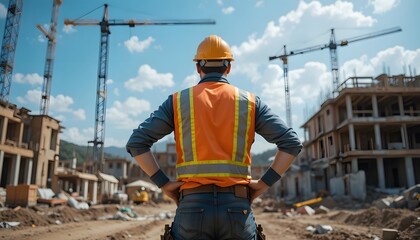 Fototapeta premium Construction Worker Overseeing Project Progress at Building Site