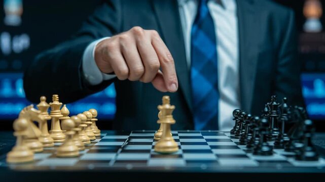 A close-up shot of a person in a suit making a move with a white pawn on a chessboard.