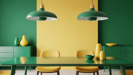dining room interior in vibrant contemporary style with bright emerald green and warm yellow color palette