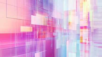 Abstract background showing translucent rectangular shapes and vertical lines creating a colorful, dynamic grid pattern, representing data flow, connectivity, and technological innovation