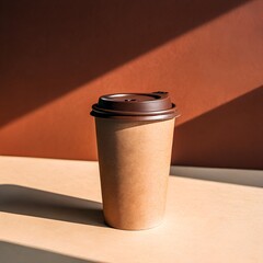 Brown Paper Coffee Cup with Beige Lid on Orange Surface
