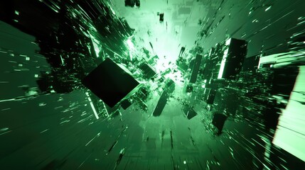 Green glowing particles and dark geometric blocks form a high speed virtual tunnel, evoking data flow, ai processing, cyberspace networks and futuristic computing environments