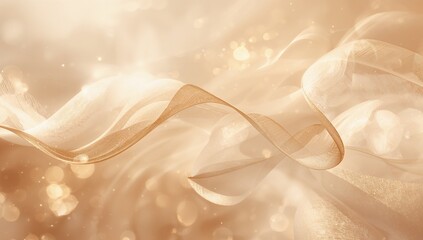 Twisting central sheer mesh ribbon floating across studio set, with bokeh orbs and glitter