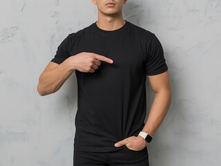 Young man in a black t shirt pointing downwards with a neutral expression