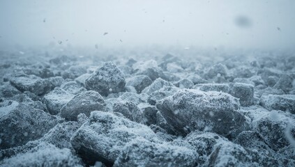 Showing cluster of snow-covered rocks glistening on coastal riprap, with frost and falling snow
