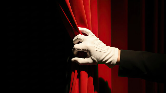 Hand in white glove opening red curtain on dark background