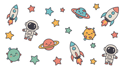 Cute space elements including astronauts rockets planets and stars in a playful cartoon style for childrens designs © Tanzeel