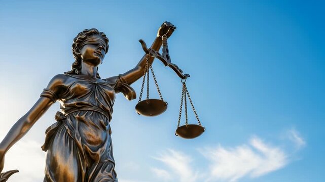 Bronze statue of lady justice with blindfold, sword, and scales against a clear blue sky. Symbolizing law, fairness, and the legal system. Perfect for justice and ethical themes