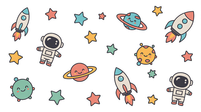Cute space elements including astronauts rockets planets and stars in a playful cartoon style for childrens designs