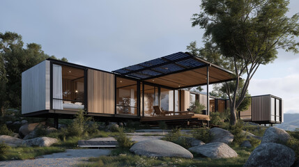 Obraz premium A modular house designed for extreme climates, elevated on stilts with insulated panels and solar integration for resilience and energy efficiency. cinematic color correction, natural uneven