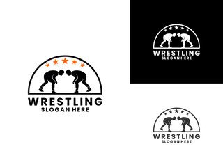 Wrestling athlete sport with star logo design vector template