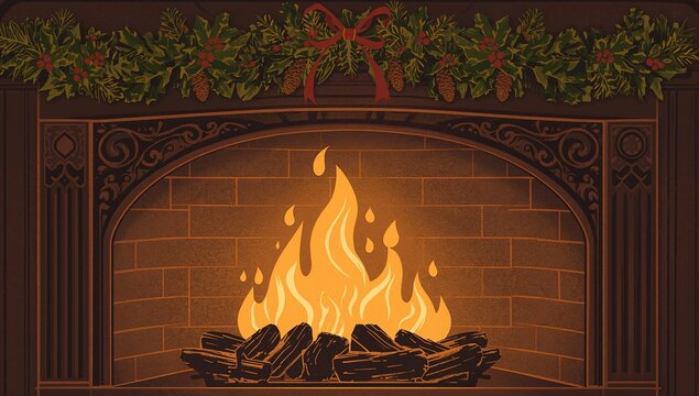 Glowing fireplace showing arched firebox logs and flames in parlor with garland pinecones red bow