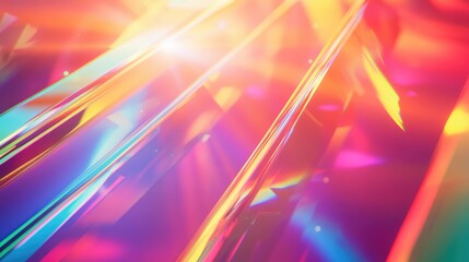 Abstract background image showing light refracting through translucent geometric shapes, creating vibrant rainbow color gradients, soft flares, and visual depth