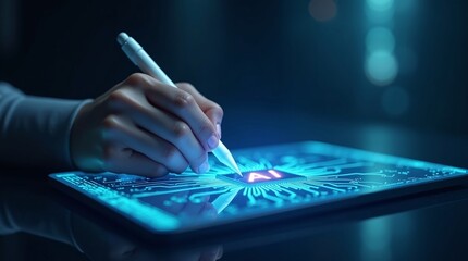 A stylus taps a glowing "AI" chip (circuit-board interface) on a tablet, blue-lit backdrop. Represents interactive AI technology engagement.