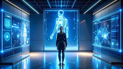 Scientist Analyzing Human Anatomy Hologram in Futuristic Lab - Powered by Adobe