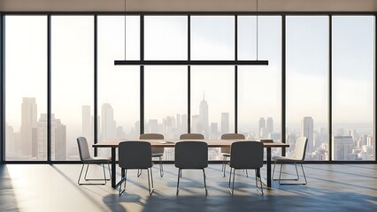 Fototapeta premium Modern conference room with wooden table and chairs overlooking city skyline through floor to ceiling windows in luxury office space for business meeting or corporate workspace