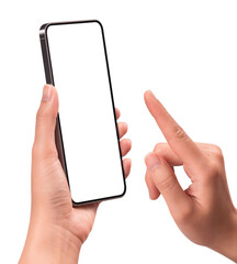 Hand using smartphone with blank screen, isolated on transparent PNG. High quality studio shot. Concept for business, technology, and advertising.