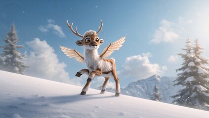 Standing animated winged deer with antlers gazing toward sunlight on snow slope, with hoofprints