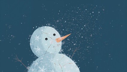 Showing snowman cracking, flaking in blue night sky, with carrot nose, button eyes and twig arms