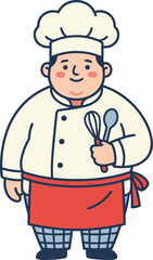 Cute chef character holding whisk and spoon, professional cook illustration, flat cartoon vector style for restaurant, kitchen branding