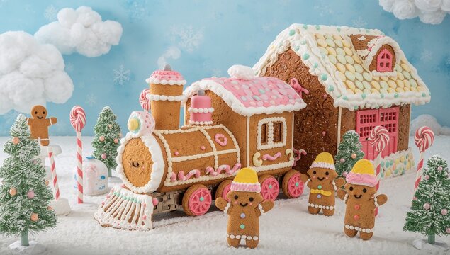 Showcasing gingerbread train coupled to gingerbread house on snowy tabletop, with cookie characters