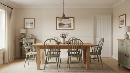 realistic dining room interior with solid oak dining table centered symmetrically