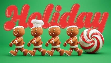 Four gingerbread figures marching single file in green set, chef-hatted, peppermint, Holiday script