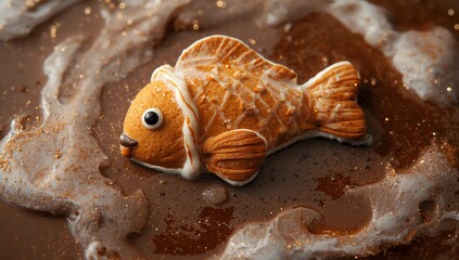 Displaying fish cookie sitting on chocolate pool, showing white icing, candy eye, gold glitter