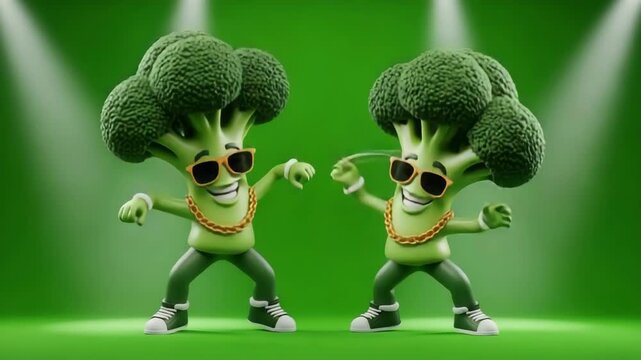 A cheerful broccoli character wearing sunglasses and a gold chain. This energetic vegetable mascot performs a lively dance. Ideal for healthy eating campaigns and children's content