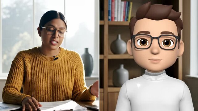Woman works at desk next to avatar character with glasses in office. Real person compared with digital avatar. Woman and avatar wear glasses. Office comparison shows woman and avatar character.