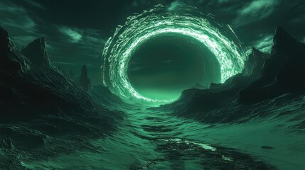 Glowing green energetic ring creates a dimensional portal on a desolate, dark, and mysterious alien environment, symbolizing concepts of sci fi, future, and imagination