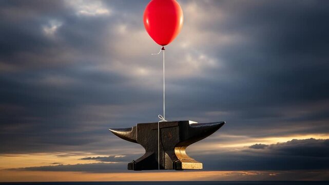 A vibrant red balloon effortlessly lifts a heavy metal anvil against a dramatic cloudy sky. This powerful visual symbolizes overcoming challenges and achieving the impossible