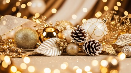 Fototapeta premium Red Christmas ornaments arranged near glowing fireplace, cozy luxury festive interior scene 