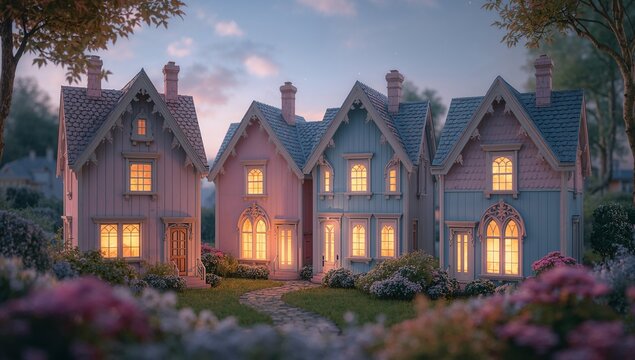 Showing three Victorian cottages in front yard with arched windows glowing at twilight, stone path