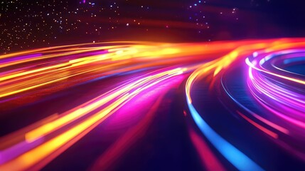 Abstract colorful light trails curve across a dark digital background, illustrating concepts of high speed data transfer, global communication, and technological progress